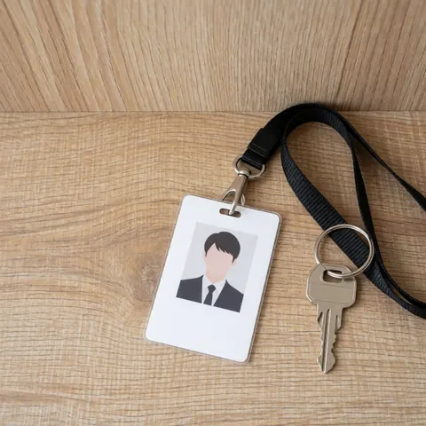 A student identification card attached to a black lanyard resting on a wooden surface, representing university campus life and student identity.