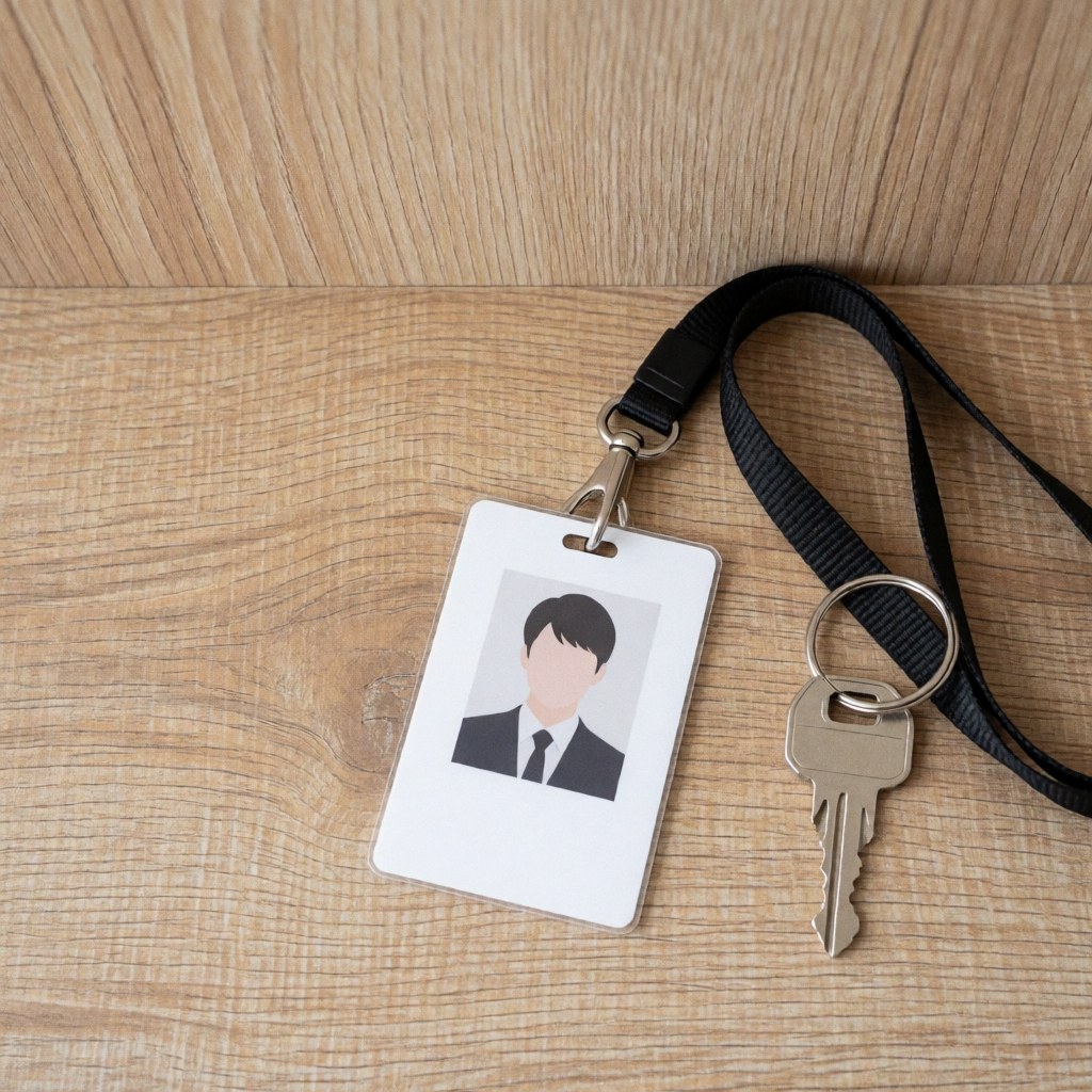 A student identification card attached to a black lanyard resting on a wooden surface, representing university campus life and student identity.