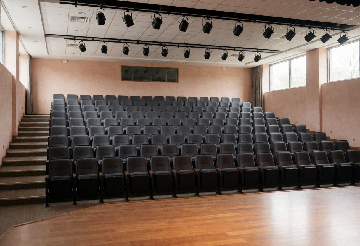 An empty university auditorium featuring rows of seats facing a stage, suitable for lectures and presentations