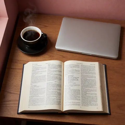 Wooden study desk featuring an open book, closed laptop, and steaming black coffee against a pink wall with warm lighting.
