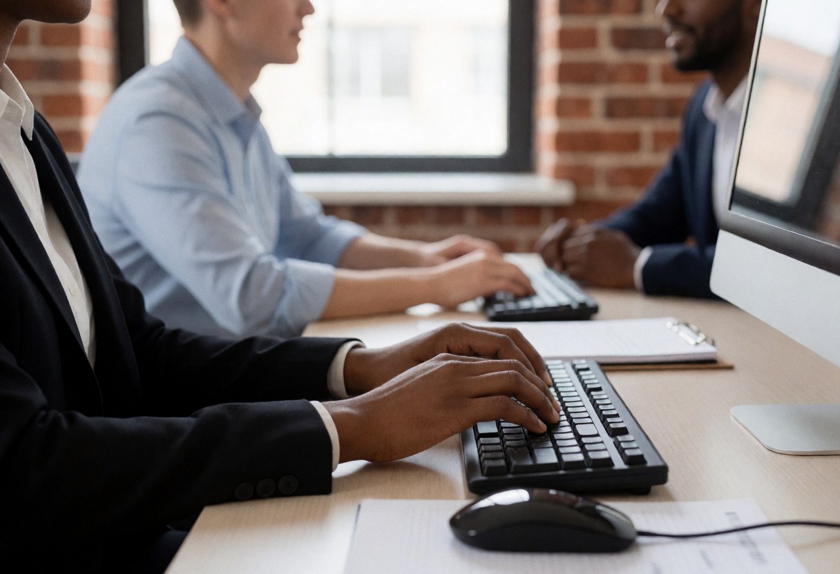Students using computers and keyboards in a modern office with brick walls and natural light, showing hands in action in a calm professional environment