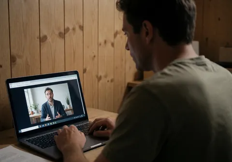 An adult student sits at a wooden desk in a home office, looking at a laptop screen during a virtual university lecture at night.
