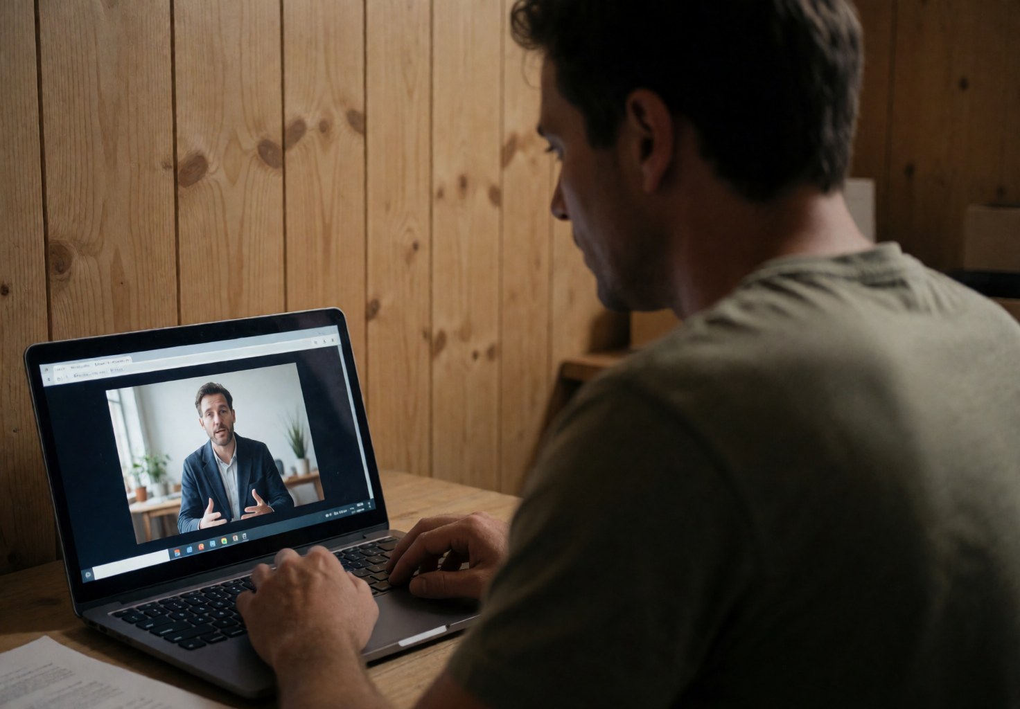 An adult student sits at a wooden desk in a home office, looking at a laptop screen during a virtual university lecture at night.