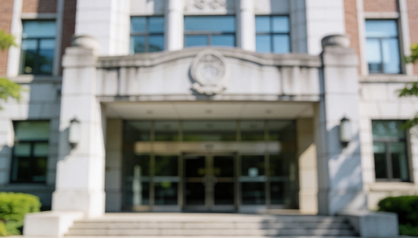 A blurred background of a university entrance featuring stone walls, windows, doors, and stairs in gray and white tones