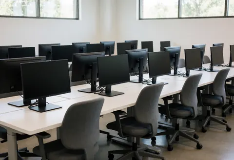 Modern computer lab featuring black monitors, gray chairs, and white desks illuminated by natural light in a clean, organized space.