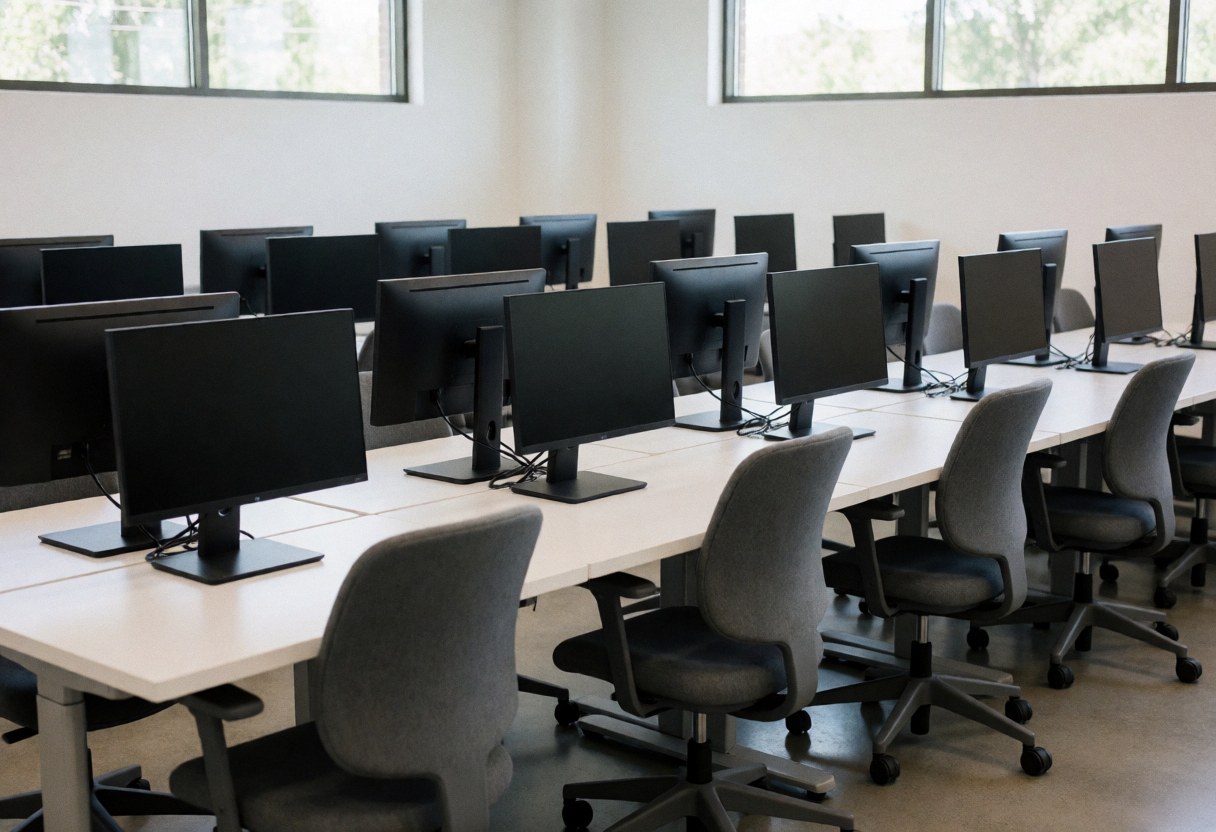 Modern computer lab featuring black monitors, gray chairs, and white desks illuminated by natural light in a clean, organized space.