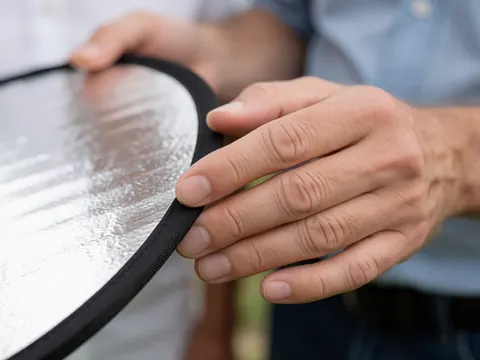 Detailed close-up view of a professional photography reflector held in hand against a blurred background, highlighting the equipment used for lighting control.