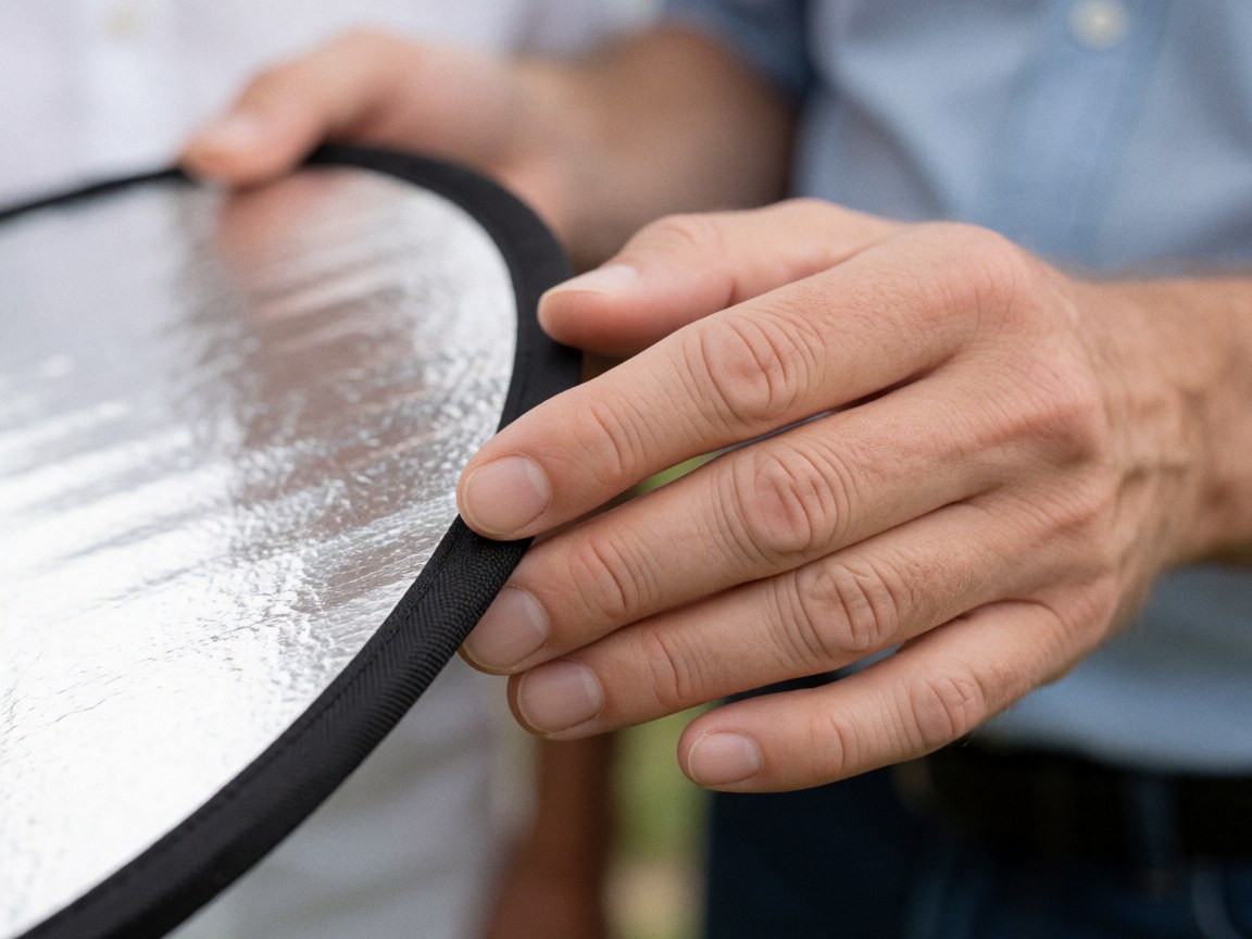 Detailed close-up view of a professional photography reflector held in hand against a blurred background, highlighting the equipment used for lighting control.