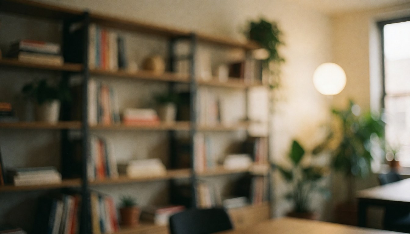 Modern office background featuring bookshelves filled with books, green plants, and warm lighting, ideal for corporate text and professional presentations.