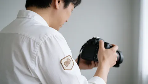 Professional photographer holding a DSLR camera, wearing a shirt with an embroidered patch on the sleeve against a neutral gray background for a corporate website hero image