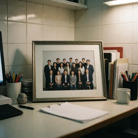A framed photograph of a professional team displayed on a modern office desk alongside a notebook, pen, and coffee cup.
