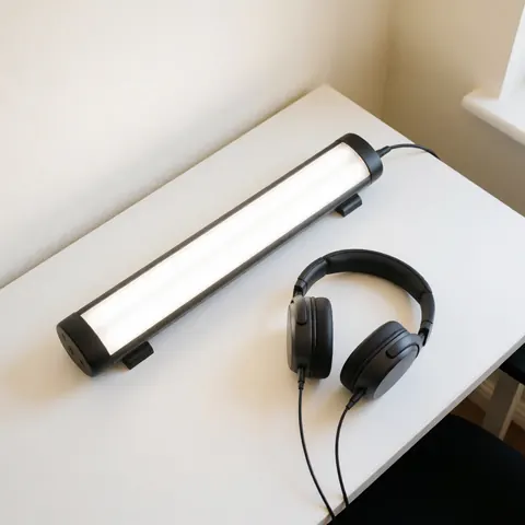 Black professional headphones and EMDR therapy device placed on a clean white office desk with bright studio lighting, representing modern psychological care tools.