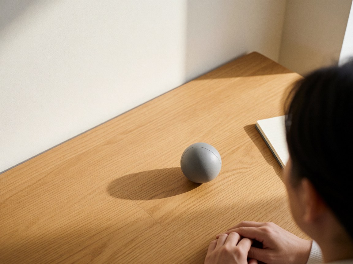 A gray stress ball and notebook rest on a light wooden table near a window, conveying calm and wellness for therapy settings.