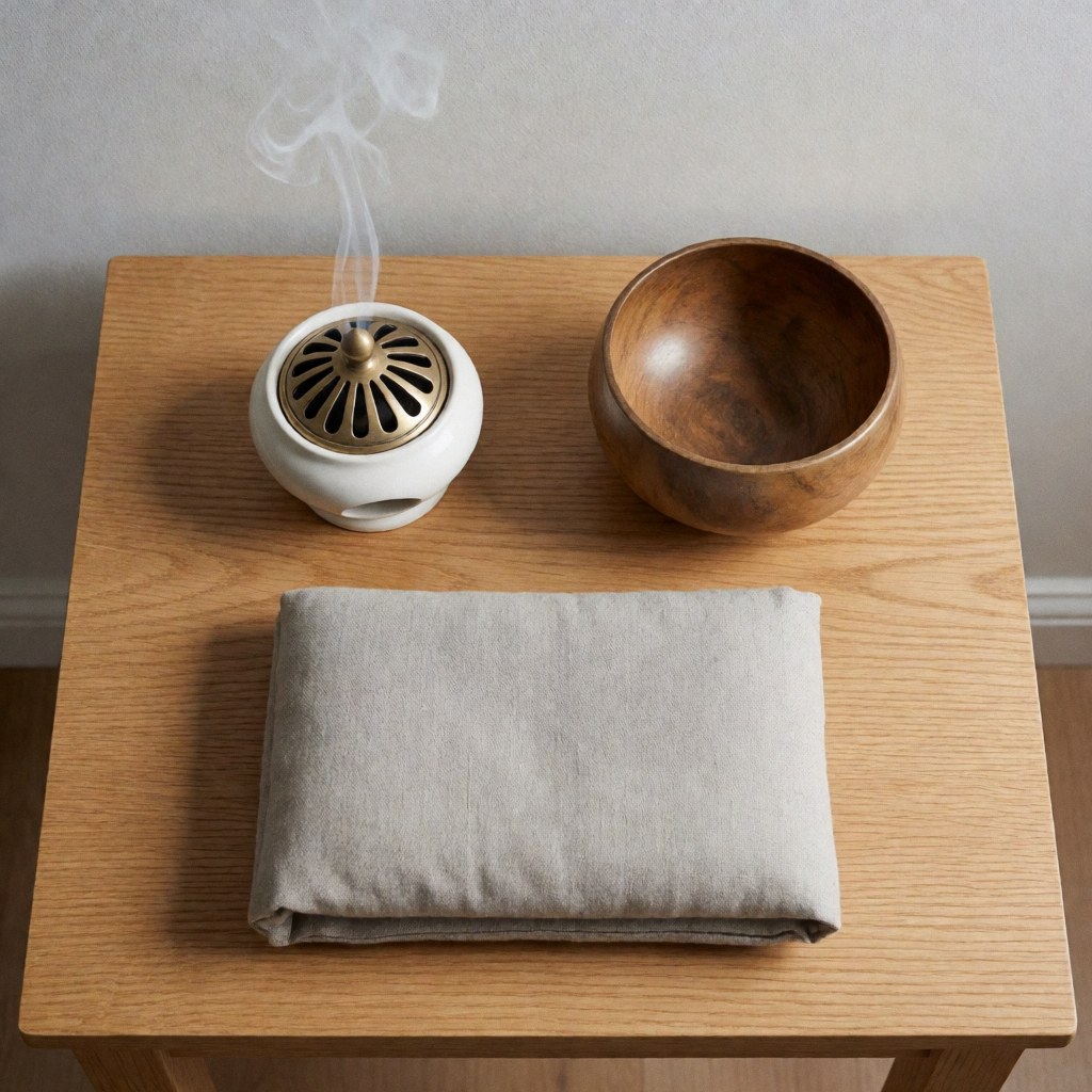 White incense burner, wooden bowl, and gray cushion on an oak table, ideal for psychology and wellness product imagery.