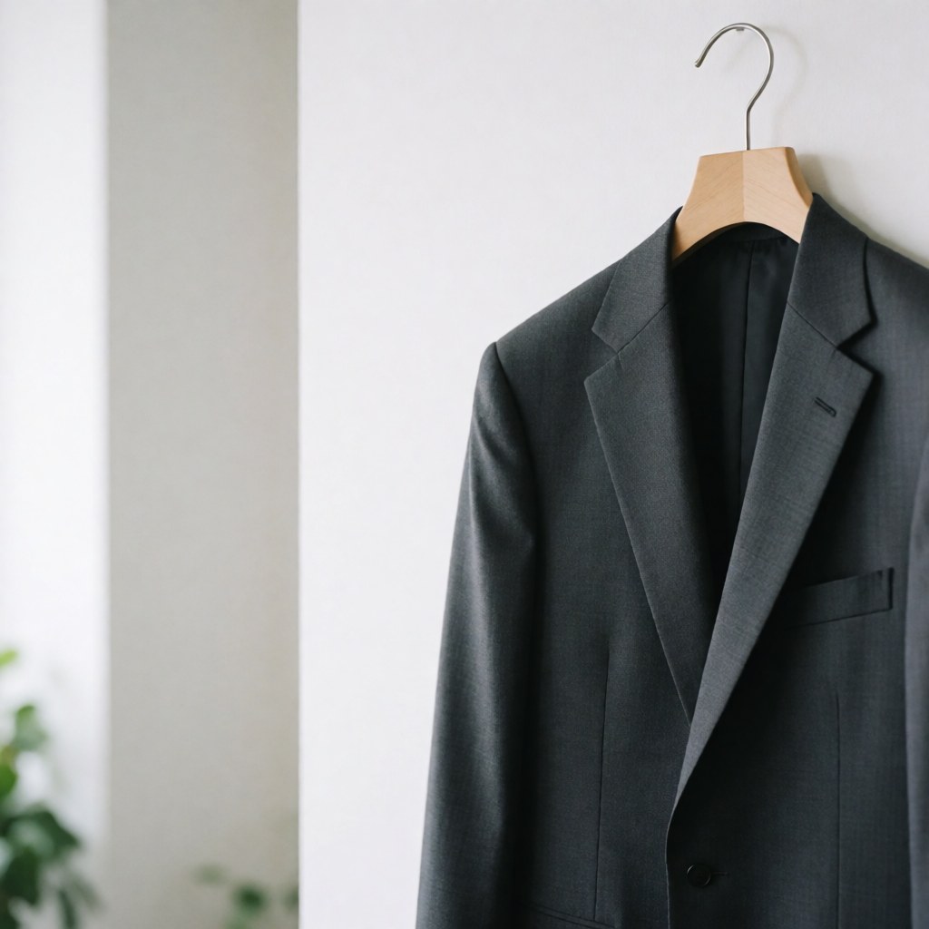 Gray suit jacket hanging on a wooden hanger against a clean white wall with soft lighting and copy space on the left for corporate use