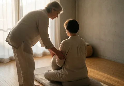 Therapist adjusts a cushion for a client seated in meditation. The room features concrete walls, bamboo flooring, and natural light, creating a calm atmosphere.