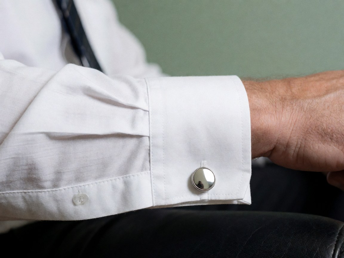Macro shot of a white dress shirt sleeve with silver cufflinks resting on black leather against a pale green background