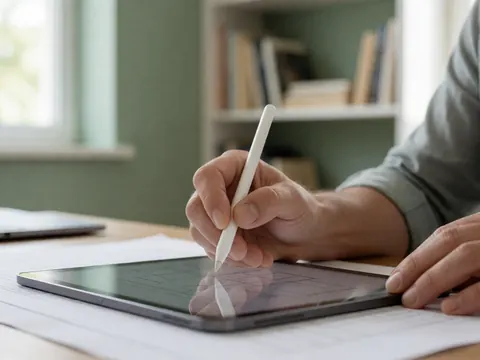 Close-up of a hand drawing on a digital tablet with a stylus, placed on paper in a bright office with books in the background.