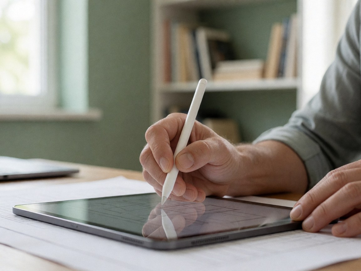 Close-up of a hand drawing on a digital tablet with a stylus, placed on paper in a bright office with books in the background.