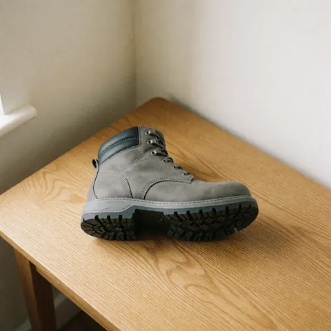 Top-down view of a grey leather safety work boot with thick rubber sole placed on a wooden table in a manufacturing setting