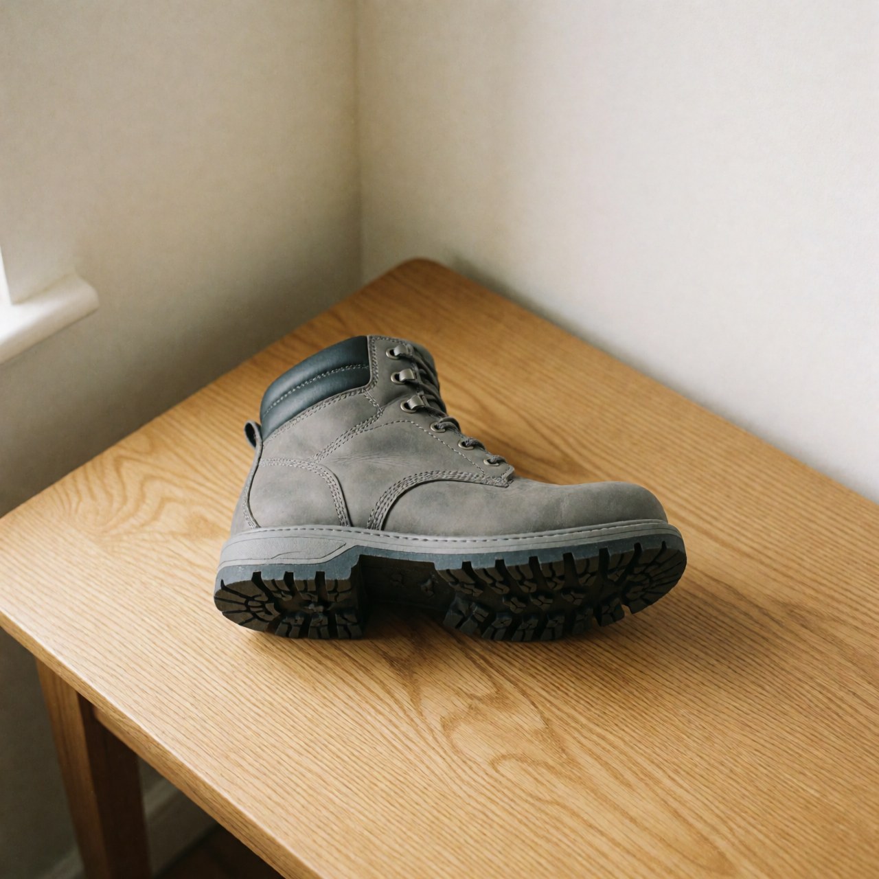 Top-down view of a grey leather safety work boot with thick rubber sole placed on a wooden table in a manufacturing setting