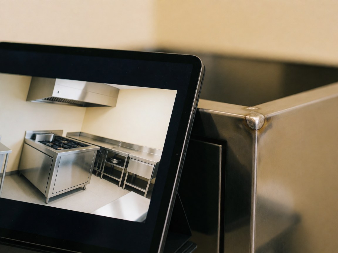 Close-up of a professional kitchen featuring a tablet, polished metal surfaces, visible welding, and commercial equipment.