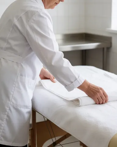A senior therapist in white clothing prepares a bed with a white towel in a clean, hygienic room with white walls and metallic surfaces.