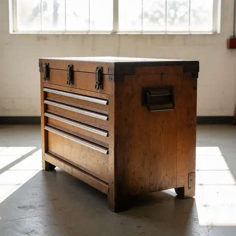 A robust wooden toolbox with metal handles and latches sits in a workshop, surrounded by tools and materials for hands-on work.