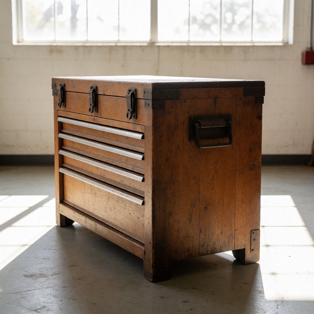 A robust wooden toolbox with metal handles and latches sits in a workshop, surrounded by tools and materials for hands-on work.