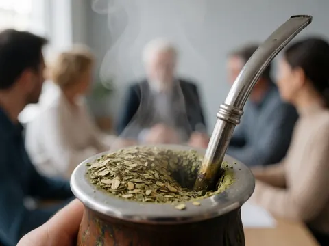 A close-up view of a traditional yerba mate gourd with a metal bombilla straw, emitting steam, symbolizing team hospitality and professional connection in a modern office setting.