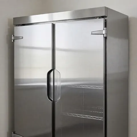 Stainless steel double door commercial refrigerator in a clean industrial kitchen with metal shelving and gray walls