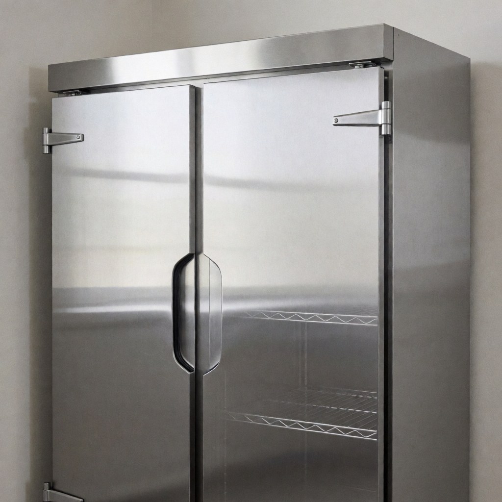 Stainless steel double door commercial refrigerator in a clean industrial kitchen with metal shelving and gray walls