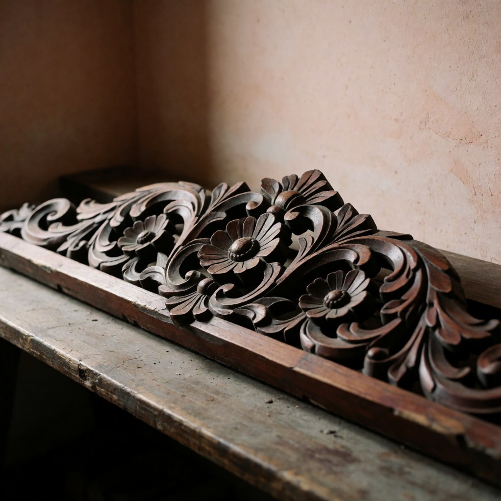 Detailed view of dark carved wood colonial molding featuring intricate floral patterns and traditional decorative relief work on an interior wall