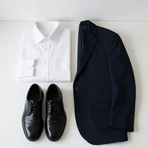 Neatly arranged professional attire featuring a white shirt, navy blazer, and black shoes on a clean white background.