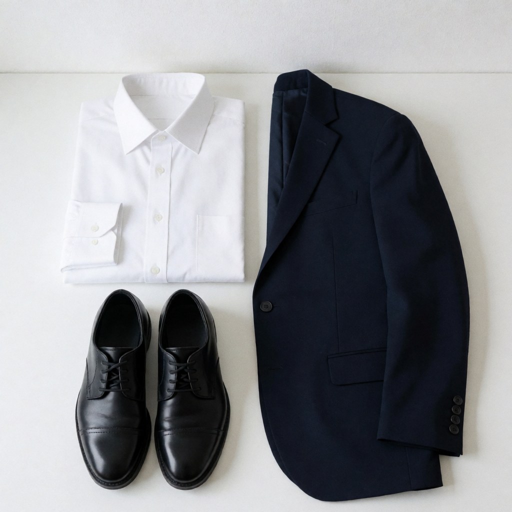 Neatly arranged professional attire featuring a white shirt, navy blazer, and black shoes on a clean white background.