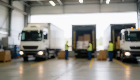 A neutral logistics background suitable for text overlay, featuring industrial elements like warehouses, trucks, and cargo to represent distribution and manufacturing.