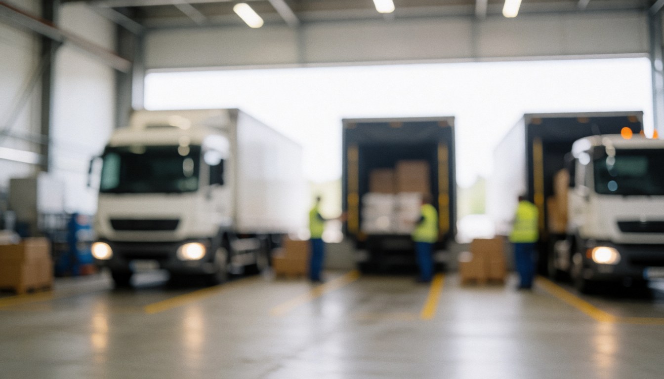 A neutral logistics background suitable for text overlay, featuring industrial elements like warehouses, trucks, and cargo to represent distribution and manufacturing.