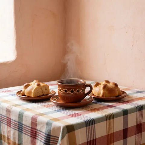 A clay mug of steaming traditional coffee sits next to sweet bread on a checkered tablecloth against a terracotta wall, perfect for a bakery or cafe interior.
