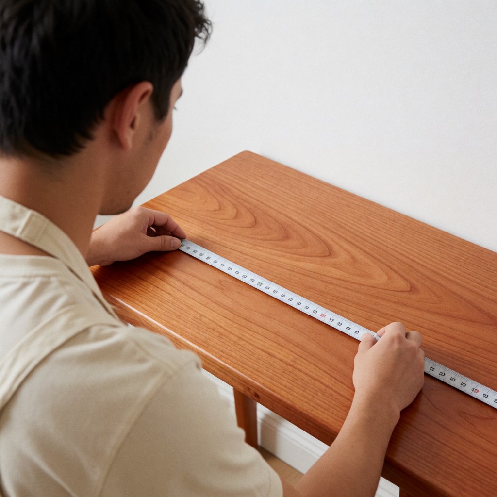Carpenter measuring a polished reddish wooden table with a tape measure against a white background in a professional workshop setting