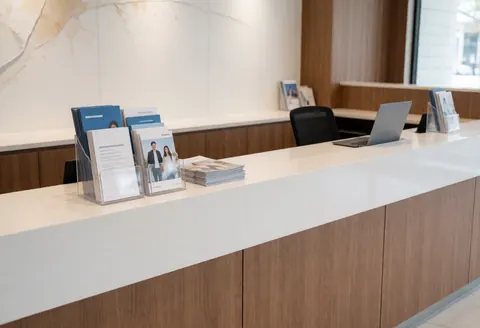 Clean modern university admission office with white counter, brochures, laptop, and wall art for student consultations