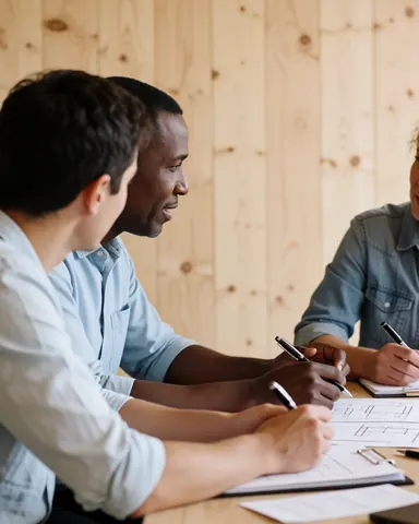 A satisfied customer sits at a wooden desk reviewing architectural drawings and project plans with a consultant during a professional business meeting.