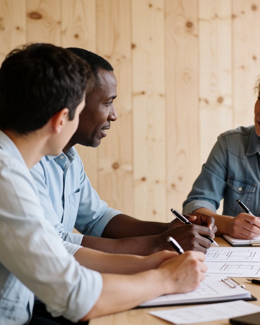 A satisfied customer sits at a wooden desk reviewing architectural drawings and project plans with a consultant during a professional business meeting.
