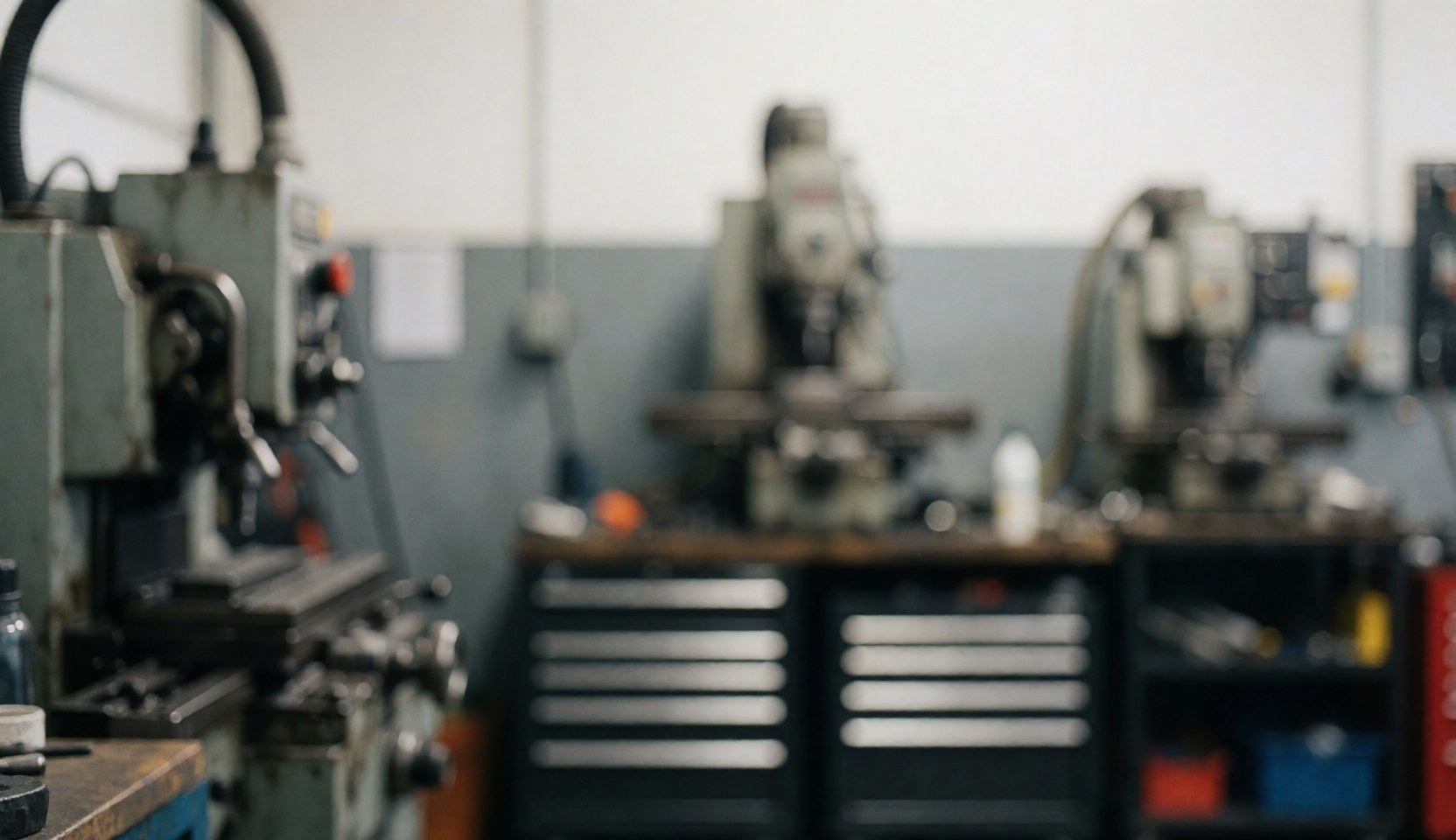 A blurred gray industrial workshop background featuring out-of-focus machinery, tools, and metal surfaces suitable for text overlay in manufacturing contexts