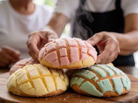 Close-up of hands placing warm sugar-topped conchas pastries on a wooden surface with a blurred background