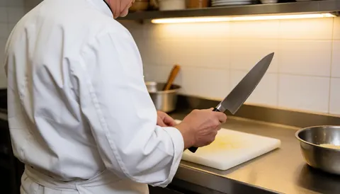 A professional chef holding a large kitchen knife while working in a commercial kitchen environment