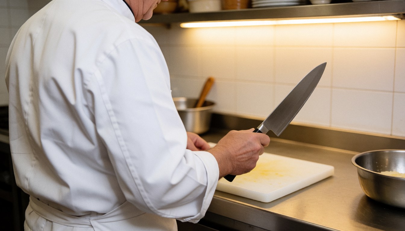 A professional chef holding a large kitchen knife while working in a commercial kitchen environment