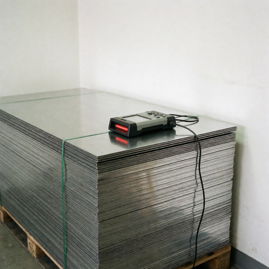 Neatly stacked metal sheets on a pallet with an industrial scanner on top, set against white walls with clean lighting for metallurgical industry use