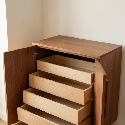 A wooden cabinet with drawers, showcasing a modern design suitable for home or office use, featuring light and dark wood tones with soft lighting against light walls.