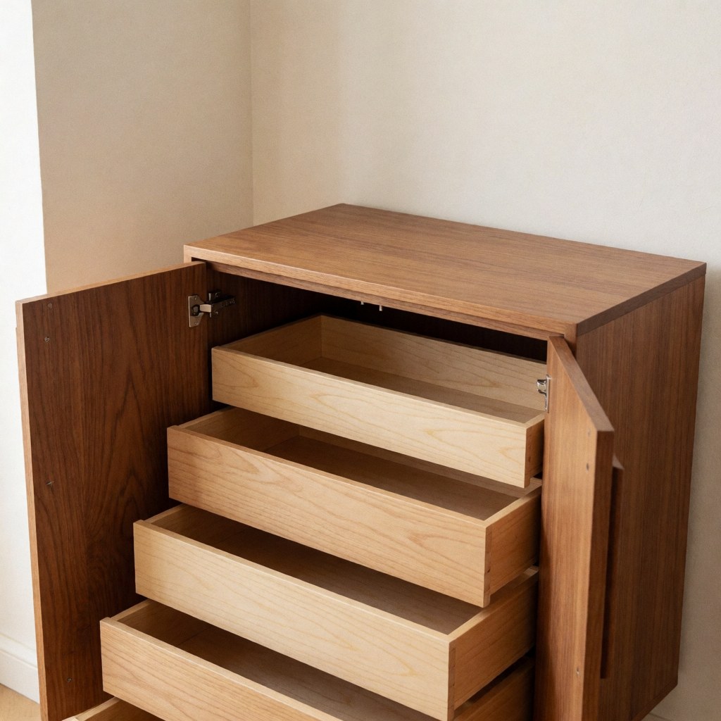 A wooden cabinet with drawers, showcasing a modern design suitable for home or office use, featuring light and dark wood tones with soft lighting against light walls.