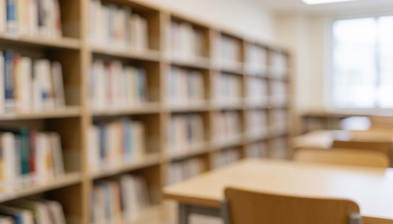 A quiet university library interior featuring rows of bookshelves, study tables, and books, serving as a calm background for educational content